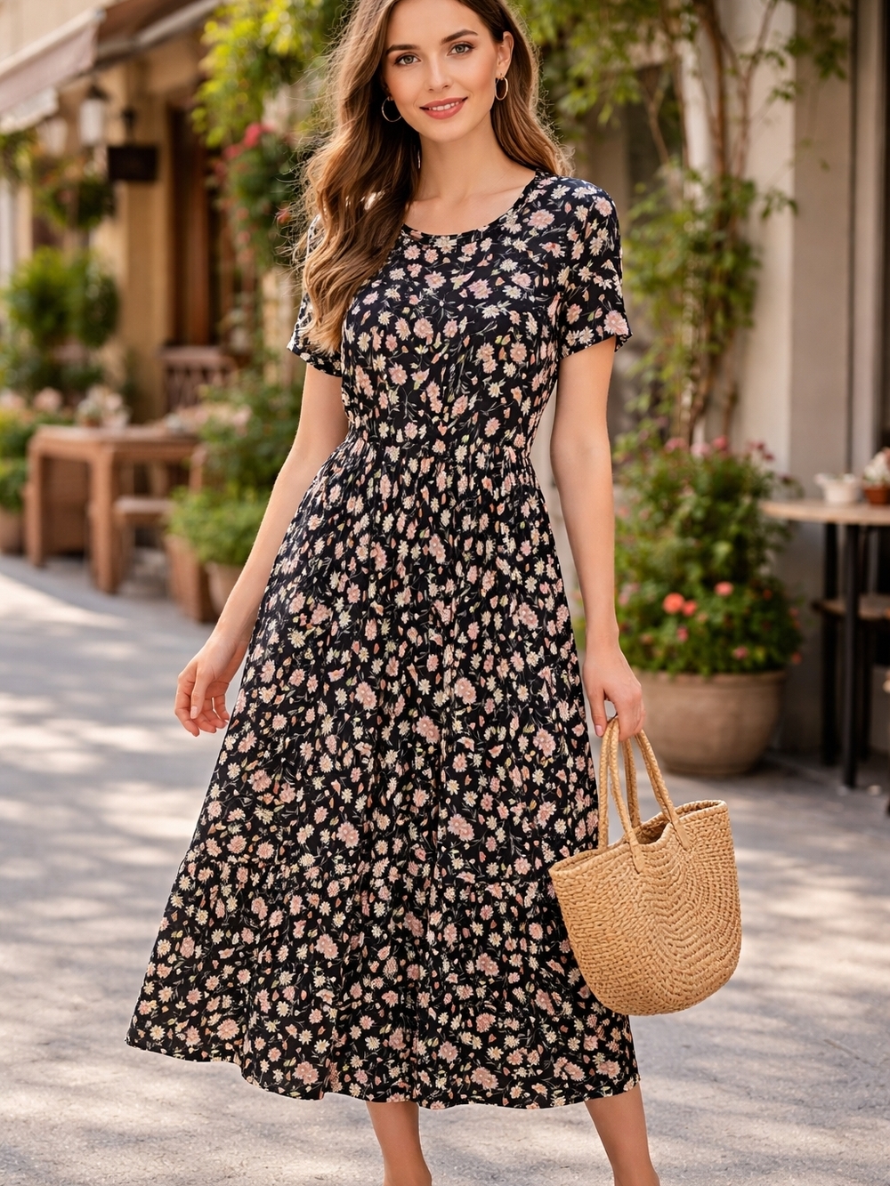 Source Unknown Black Maxi Dress with Pink and Cream Floral Print